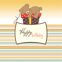 Image showing birthday greeting card with teddy bear and big gift box