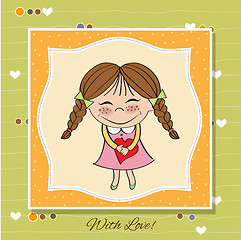 Image showing Funny girl with hearts. Doodle cartoon character.