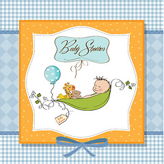 Image showing little boy sleeping in a pea been, baby announcement card