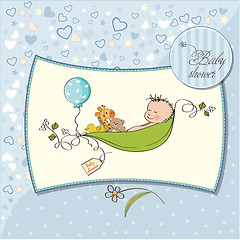 Image showing little boy sleeping in a pea been, baby announcement card