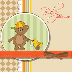 Image showing welcome baby card with boy teddy bear and his duck