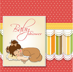 Image showing baby shower card with little baby girl play with her teddy bear 