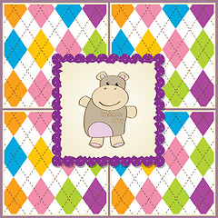 Image showing childish baby girl announcement card with hippo toy