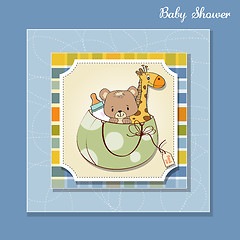 Image showing new baby announcement card with bag and same toys