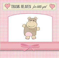 Image showing childish baby girl announcement card with hippo toy