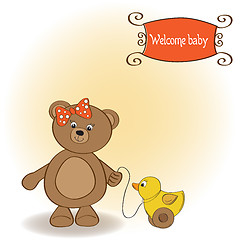 Image showing welcome baby card with girl teddy bear and her duck