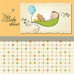 Image showing little boy sleeping in a pea been, baby announcement card