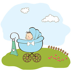 Image showing baby boy announcement card with baby and pram