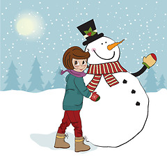 Image showing Cute little girl with snowman