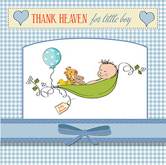 Image showing little boy sleeping in a pea been, baby announcement card