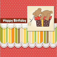 Image showing birthday greeting card with teddy bear and big gift box