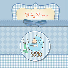 Image showing baby boy announcement card with baby and pram