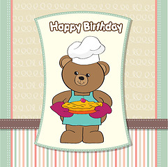 Image showing teddy bear with pie. birthday greeting card