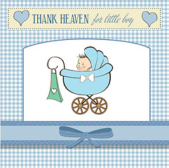 Image showing baby boy announcement card with baby and pram