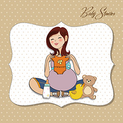 Image showing happy pregnant woman, baby shower card