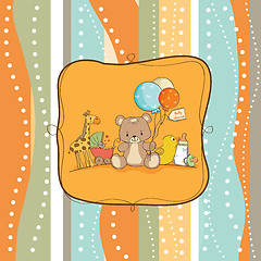 Image showing new baby announcement card with bag and same toys