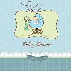 Image showing baby boy announcement card with baby and pram