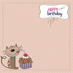 Image showing birthday greeting card with a cat waiting to eat a cake