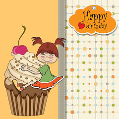 Image showing birthday card with funny girl perched on cupcake