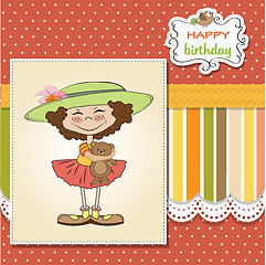 Image showing cute birthday greeting card with girl and her teddy bear