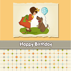 Image showing young girl and her dog in a wonderful birthday greeting card