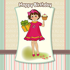 Image showing birthday greeting card with girl and big cupcake