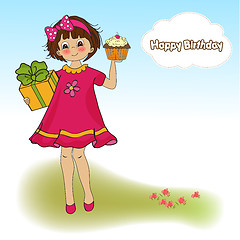 Image showing birthday greeting card with girl and big cupcake