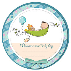 Image showing little boy sleeping in a pea been, baby announcement card