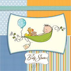 Image showing little boy sleeping in a pea been, baby announcement card