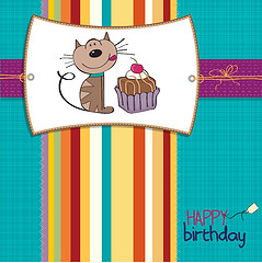 Image showing birthday greeting card with a cat waiting to eat a cake