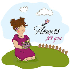 Image showing young girl with a bouquet of flowers