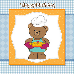 Image showing teddy bear with pie. birthday greeting card