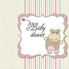 Image showing childish baby girl announcement card with hippo toy