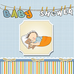 Image showing baby shower card with little baby boy sleep with his teddy bear 