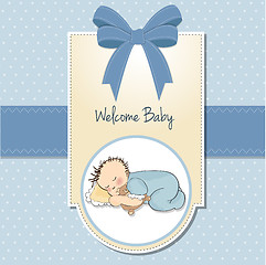 Image showing baby shower card with little baby boy sleep with his teddy bear 