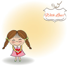 Image showing Funny girl with hearts. Doodle cartoon character.