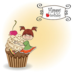 Image showing birthday card with funny girl perched on cupcake