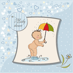 Image showing baby boy shower card with funny baby under his umbrella