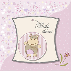 Image showing childish baby girl announcement card with hippo toy