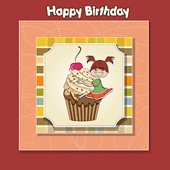 Image showing birthday card with funny girl perched on cupcake