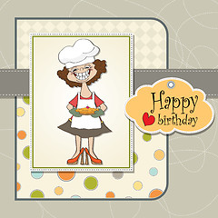 Image showing birthday greeting card with funny woman and pie