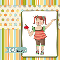 Image showing pretty young girl recommends healthy food