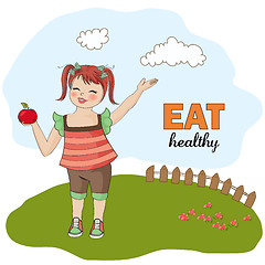 Image showing pretty young girl recommends healthy food