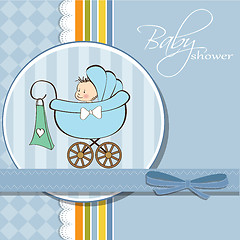 Image showing baby boy announcement card with baby and pram