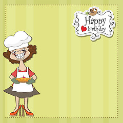 Image showing birthday greeting card with funny woman and pie