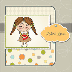 Image showing Funny girl with hearts. Doodle cartoon character.