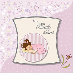 Image showing baby shower card with little baby girl play with her teddy bear 