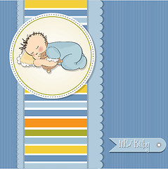 Image showing baby shower card with little baby boy sleep with his teddy bear 