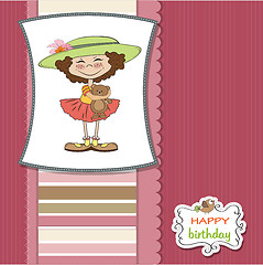 Image showing cute birthday greeting card with girl and her teddy bear