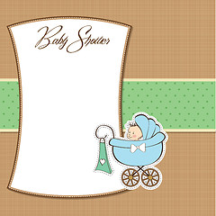 Image showing baby boy announcement card with baby and pram